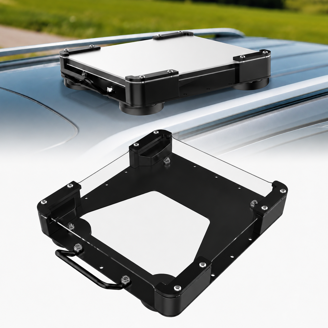Starlink Mini magnetic roof mount with acrylic plate and carry handle on vehicle roof