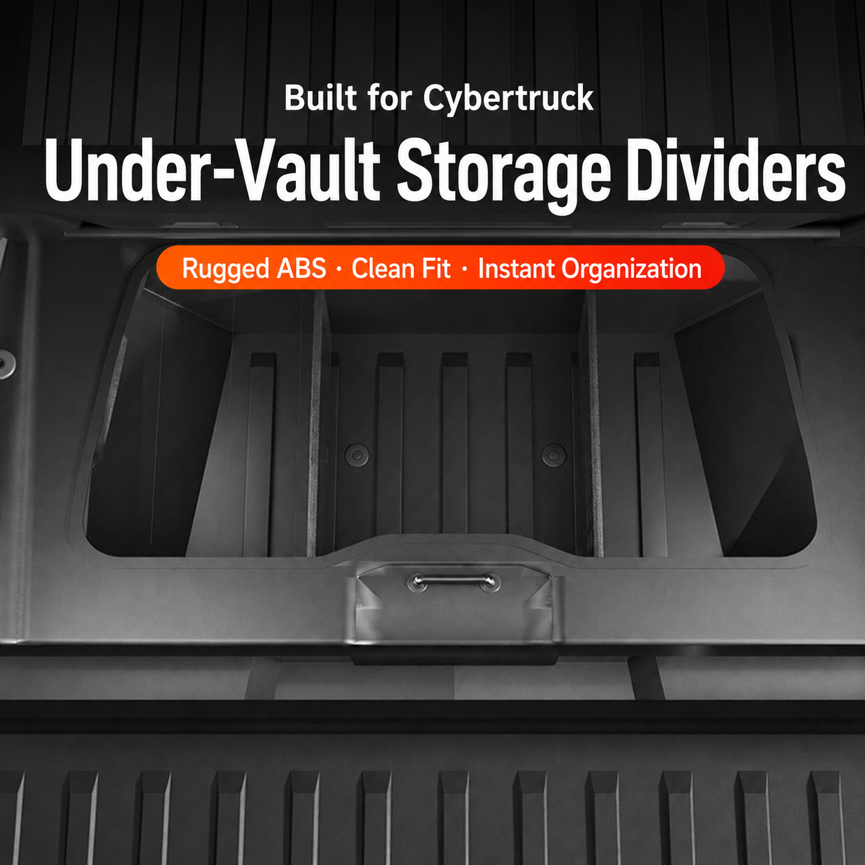 Tesla Cybertruck under-bed vault storage dividers installed in the rear cargo vault