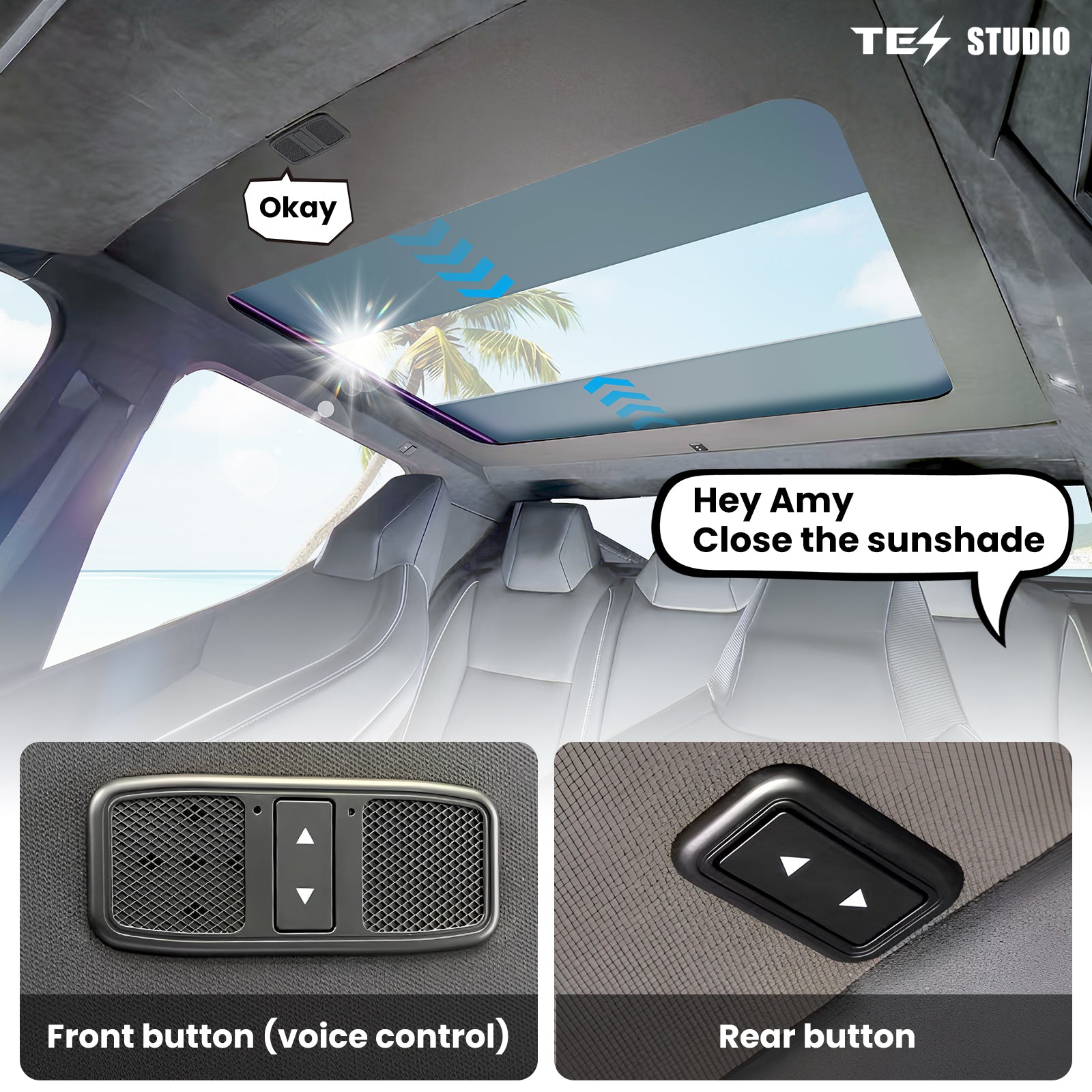 Tesla Cybertruck Power Sunshade 2 Control Buttons Voice-Controlled Electric Sunshade Glass Roof Sunshade with Ambient Lighting Tesstudio®