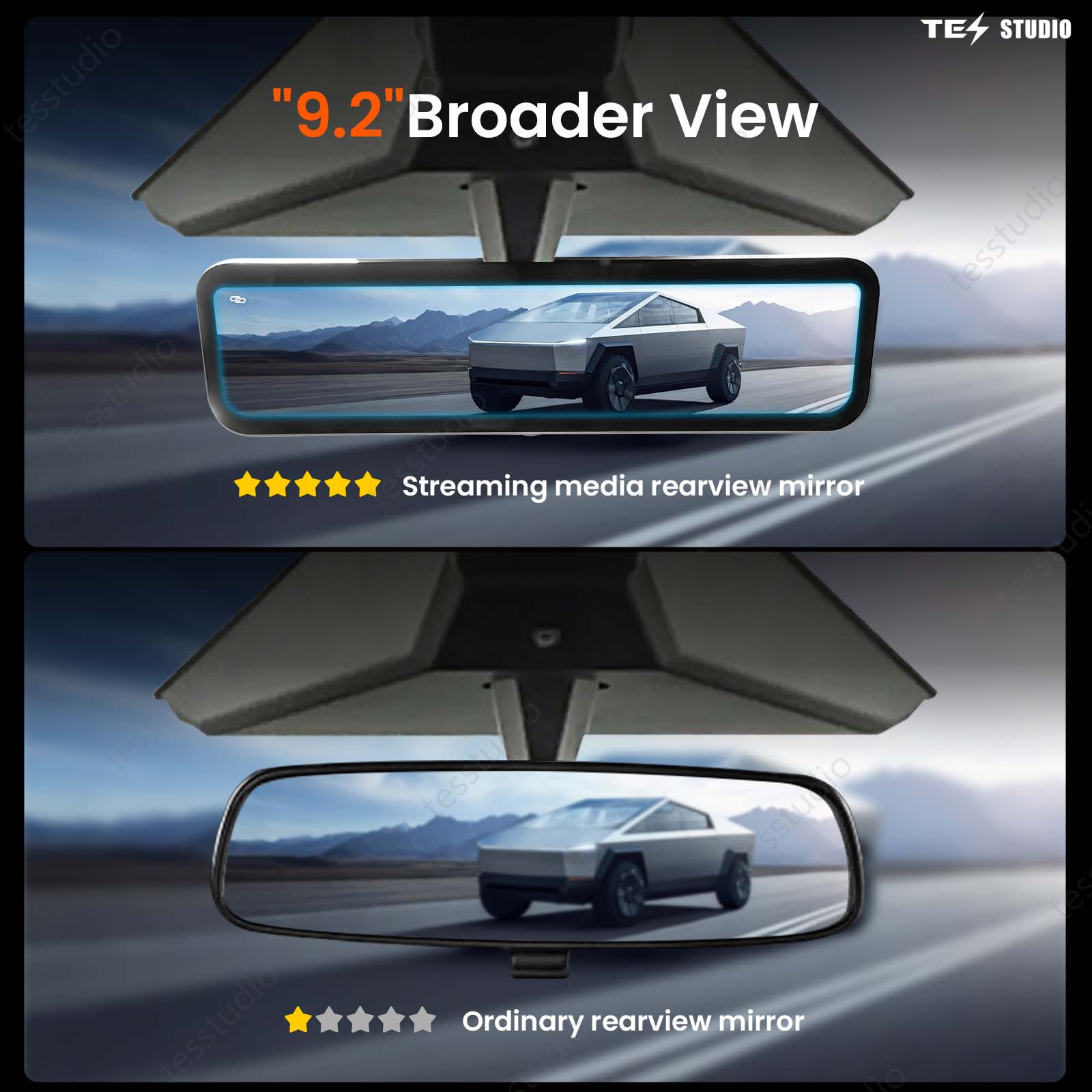 Cybertruck S92 Streaming Rearview Mirror Recorder 1080P HD DVR Dual Way Video Optical Fiber Transmission Signal Tesstudio®