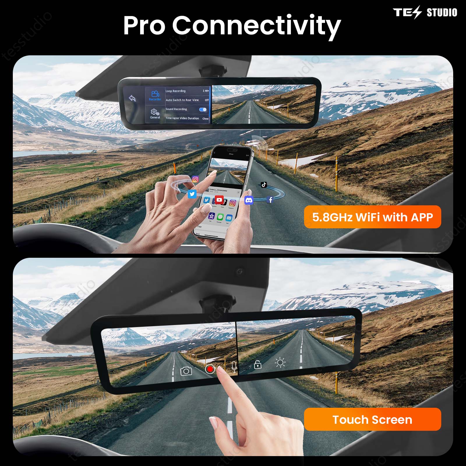 Cybertruck S92 Streaming Rearview Mirror Recorder 1080P HD DVR Dual Way Video Optical Fiber Transmission Signal Tesstudio®