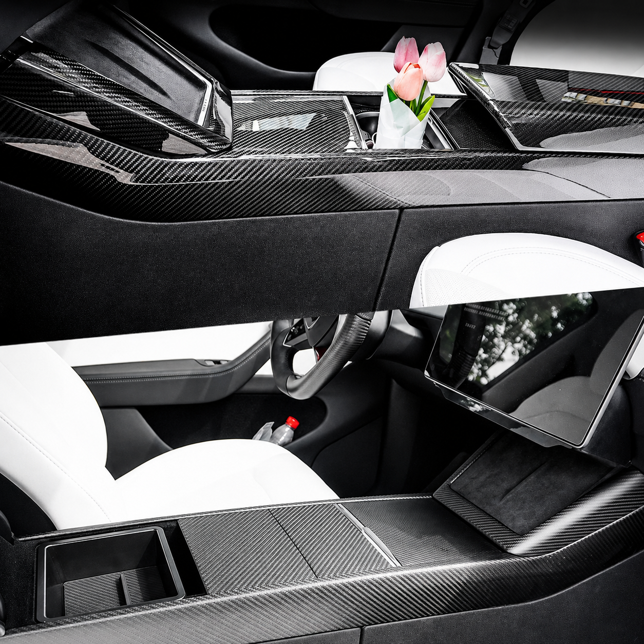 Carbon Fiber Center Console One-Piece Trim Frame for Tesla Model 3 Highland / Model Y Juniper / Model Y L