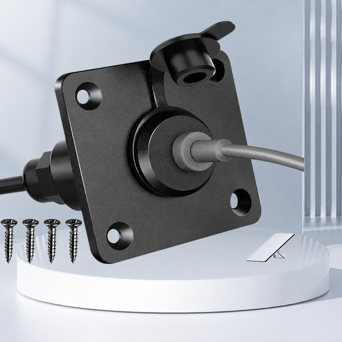Starlink Mini aluminum cable pass-through panel with mounting screws and protective cap