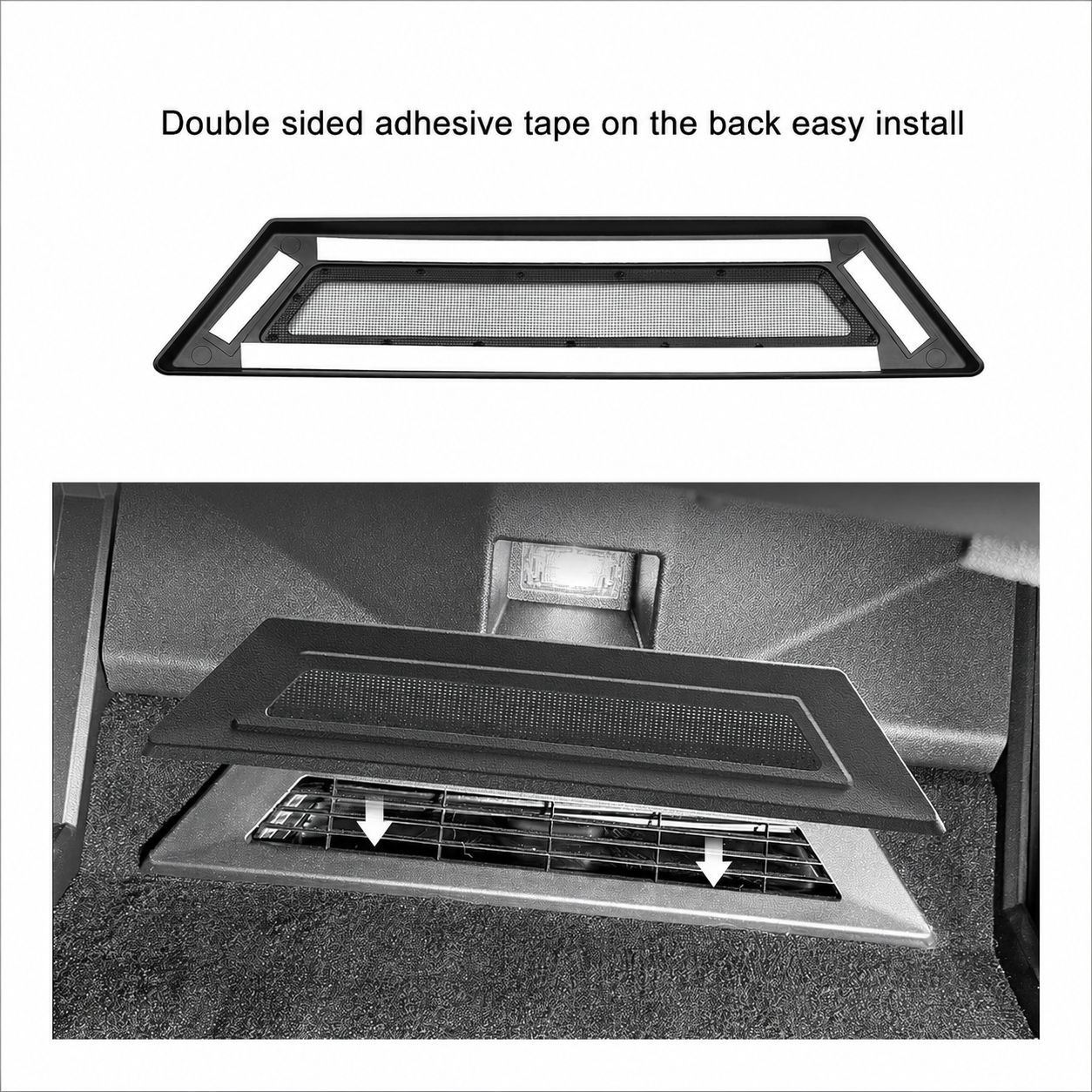 Cybertruck under-seat vent cover with double-sided adhesive tape for easy installation
