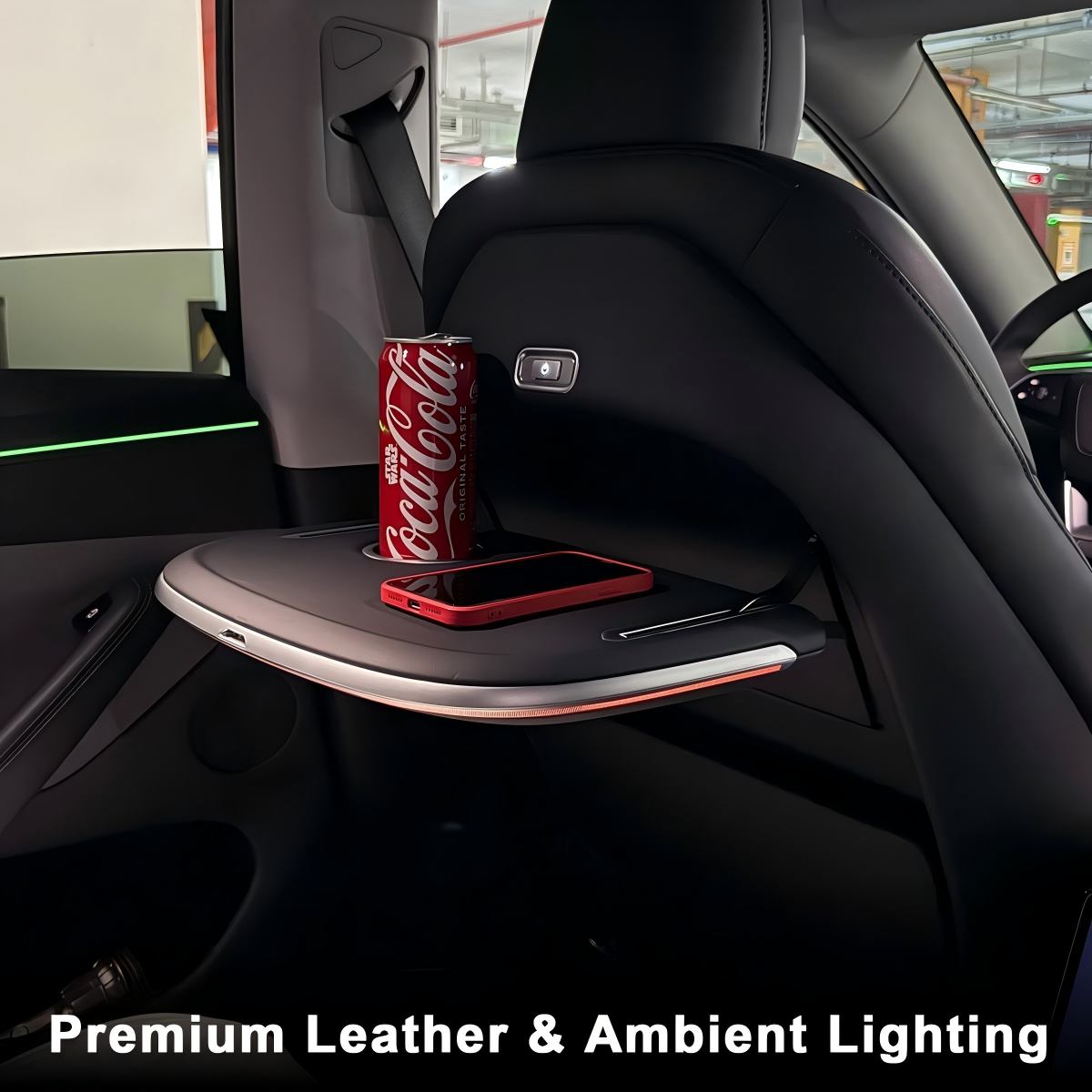 Tesla Electric & Manual Folding Tray Table with Wireless Charger and Ambient Lighting for Model Y / Y Juniper / 3 Highland