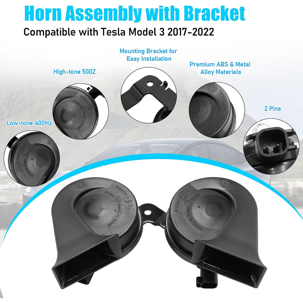 Tesla Model 3 / Model Y Horn Set, 1 Pair, Part No. MY 1507242-00-B / M3 1109660-00-A