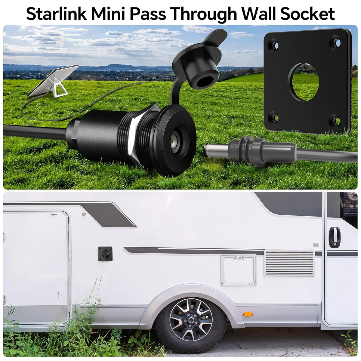 Starlink Mini pass-through wall socket routing power cable through RV exterior panel
