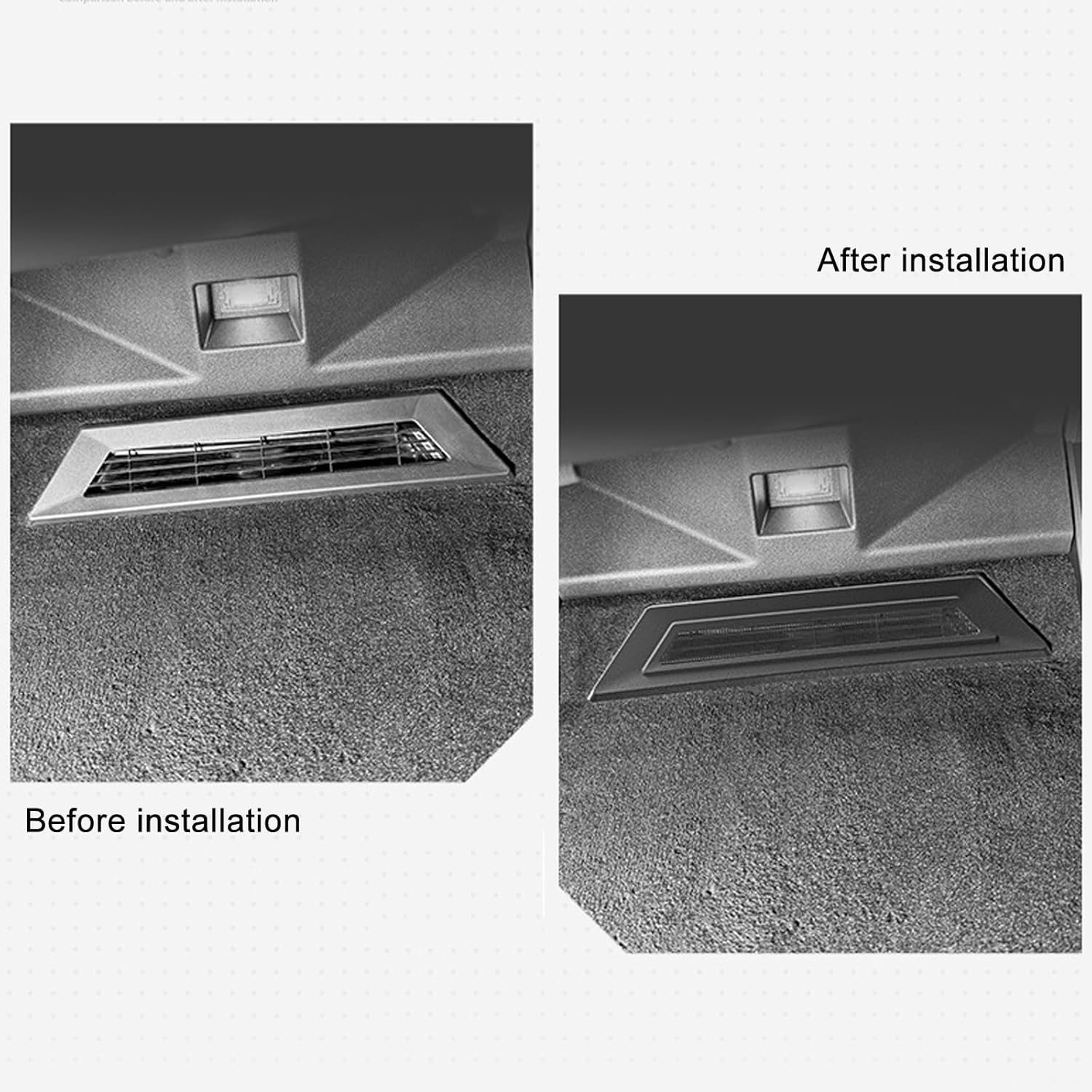 Before and after installation of Tesla Cybertruck rear seat air vent cover protector
