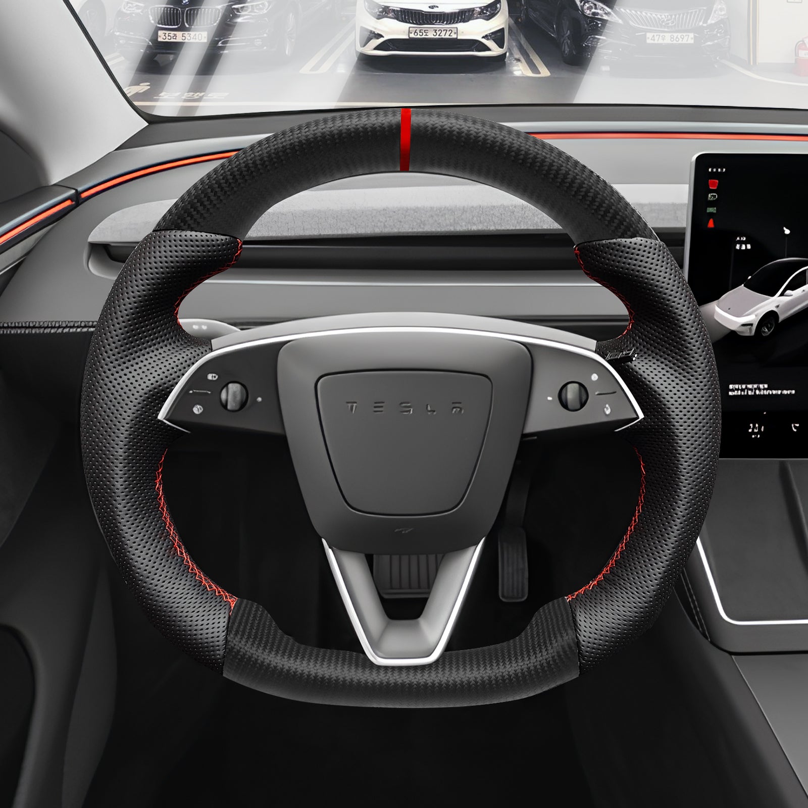 Steering Wheel Round Carbon Fiber Design Sport Styel For Tesla Model Y Juniper