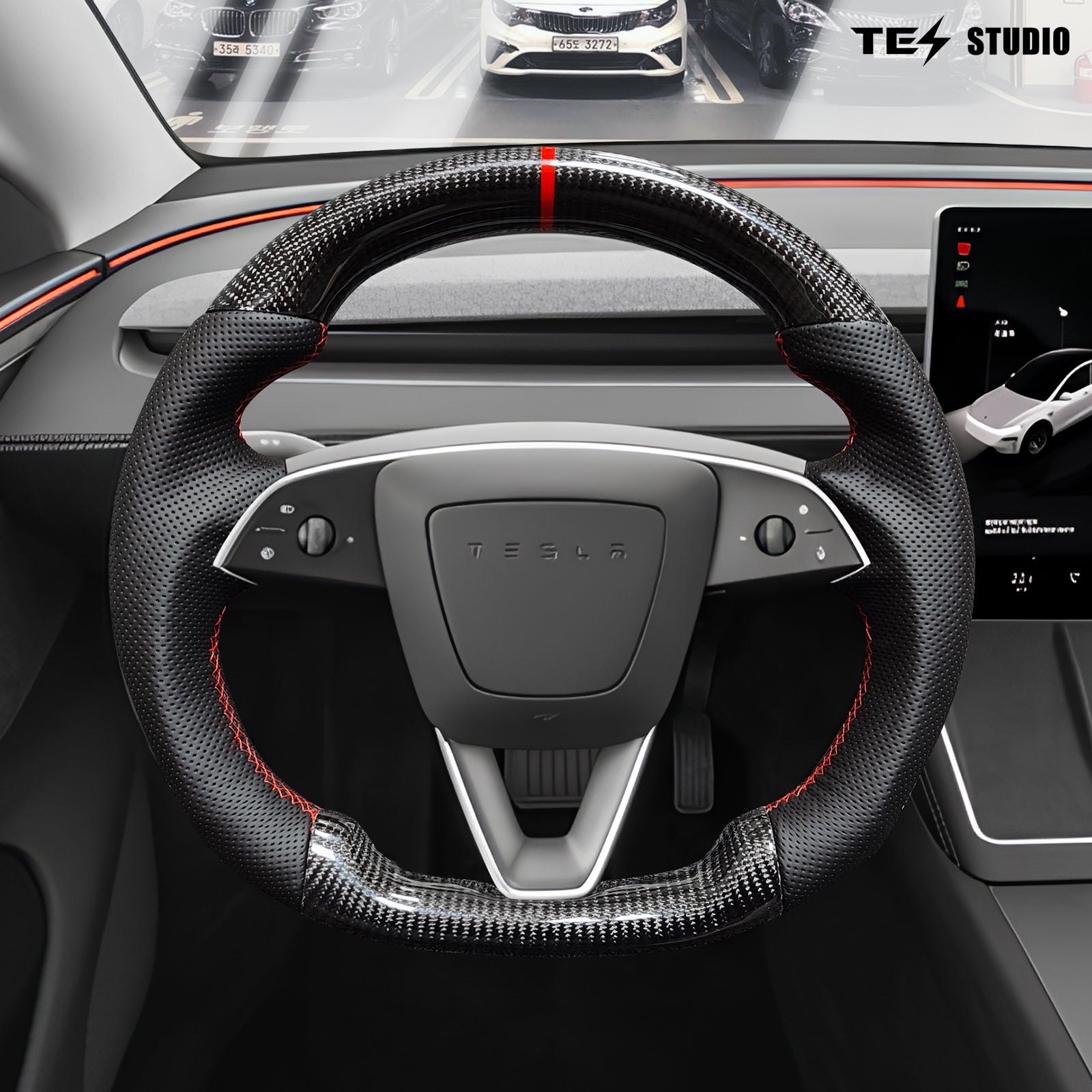 Tesla Model Y Juniper Steering Wheel Round Carbon Fiber Design Sport Styel Tesstudio®