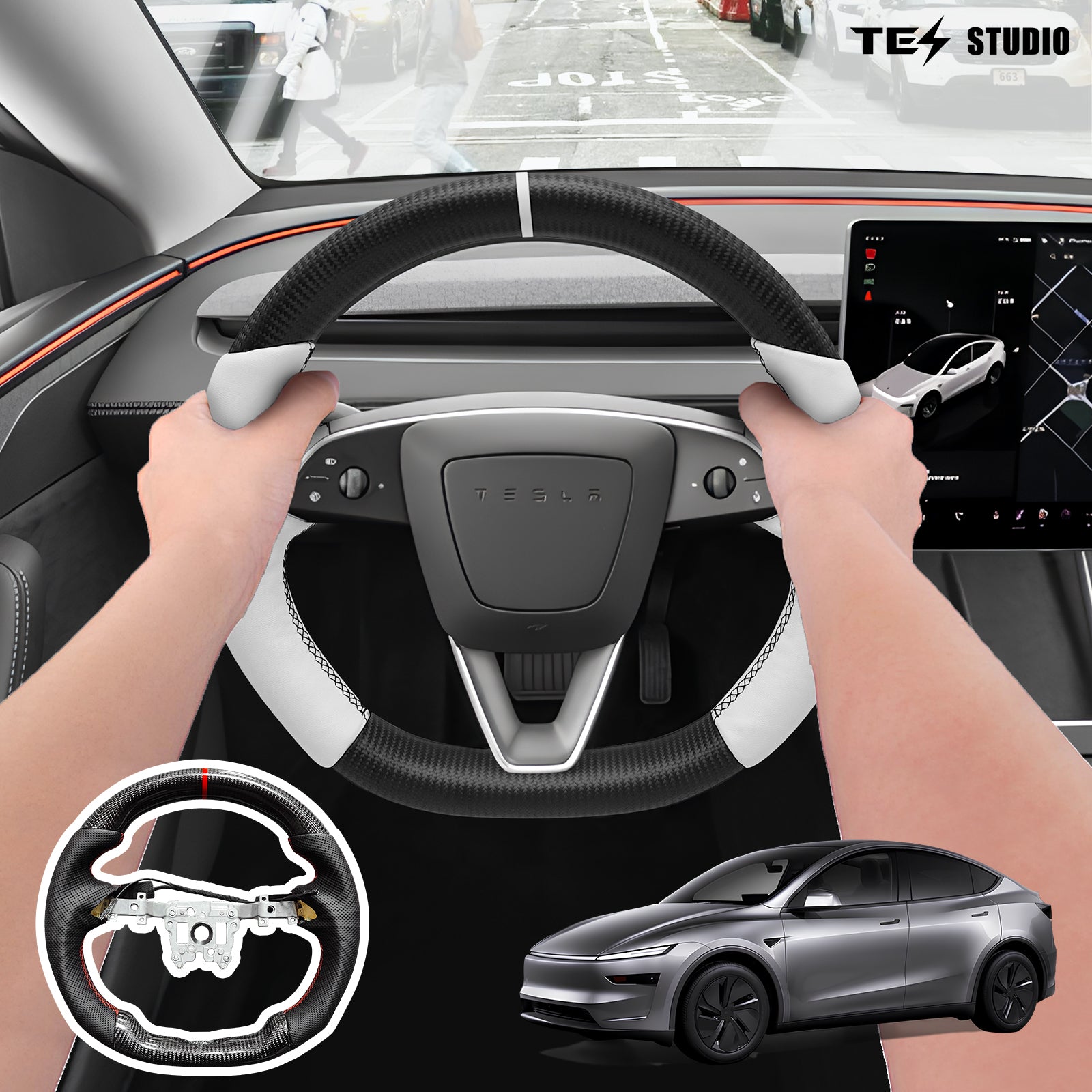 Tesla Model Y Juniper Steering Wheel Round Carbon Fiber Design Sport Styel Tesstudio®