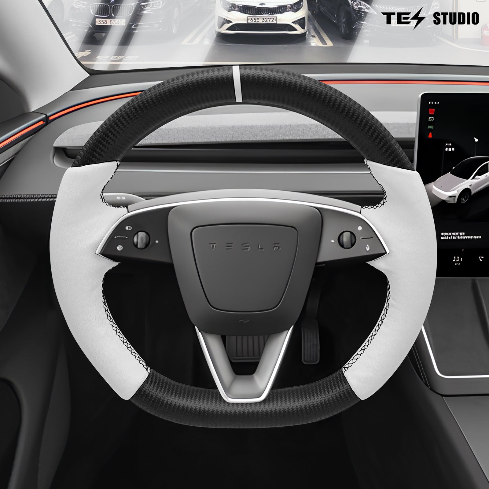 Tesla Model Y Juniper Steering Wheel Round Carbon Fiber Design Sport Styel Tesstudio®