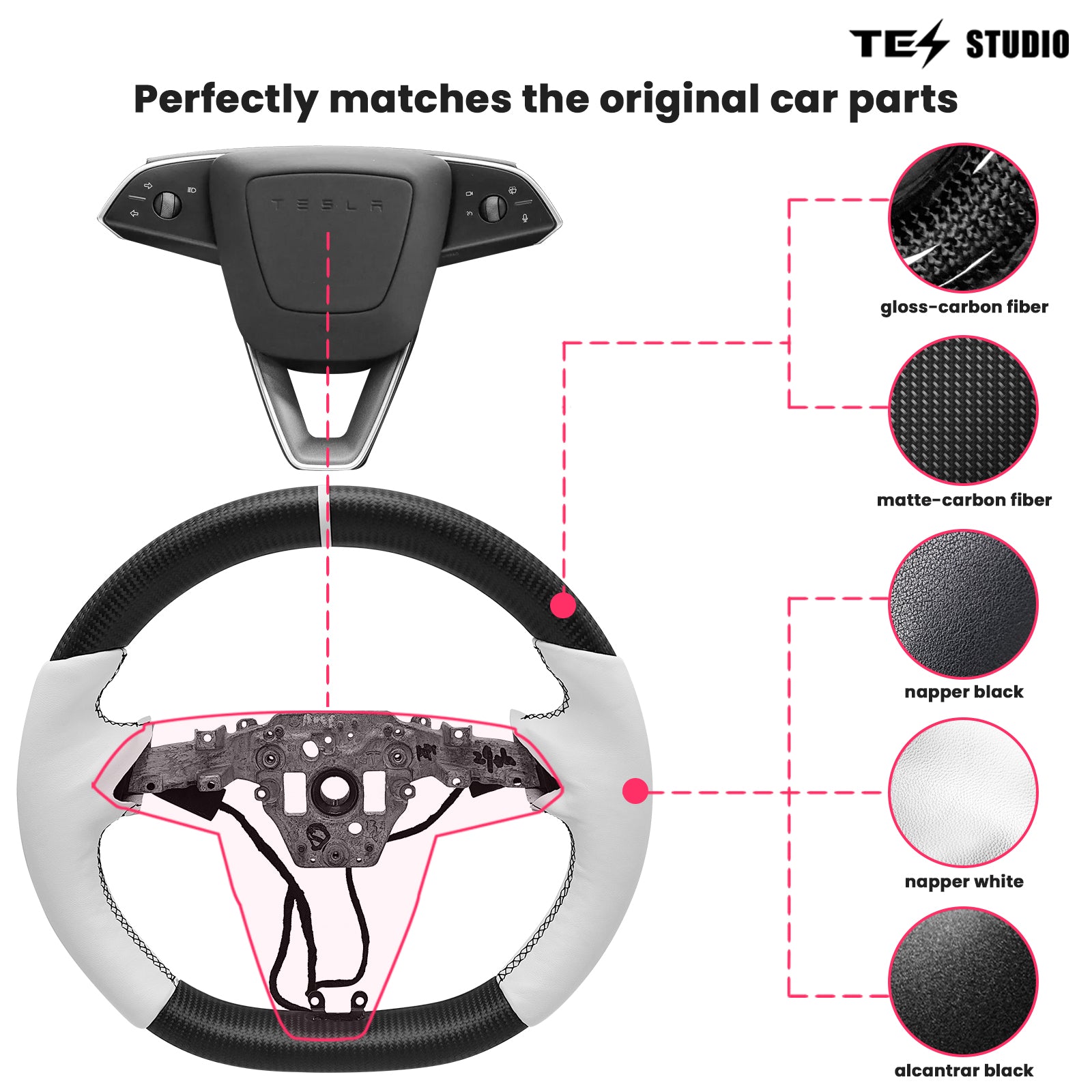 Tesla Model Y Juniper Steering Wheel Round Carbon Fiber Design Sport Styel Tesstudio®