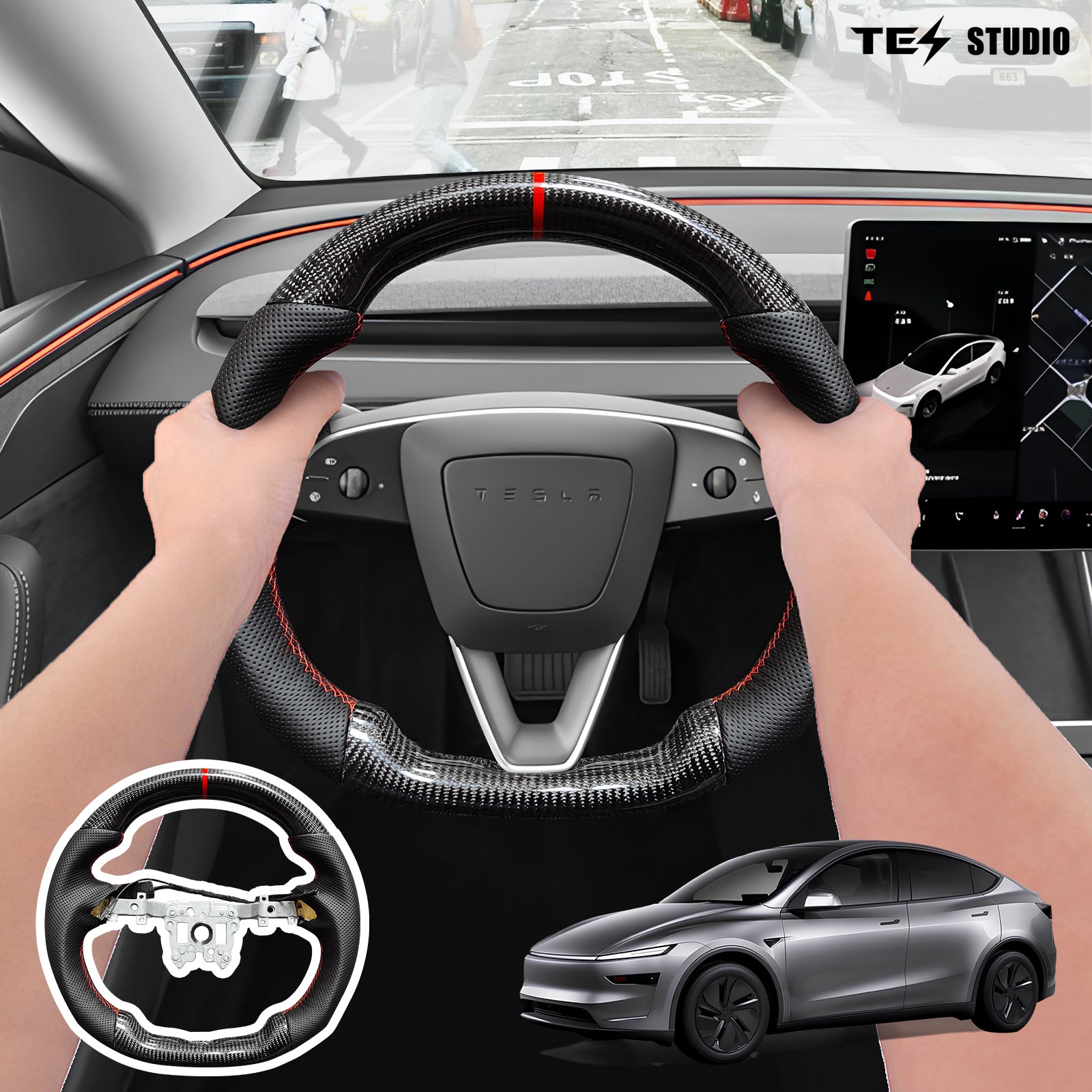 Tesla Model Y Juniper Steering Wheel Round Carbon Fiber Design Sport Styel Tesstudio®