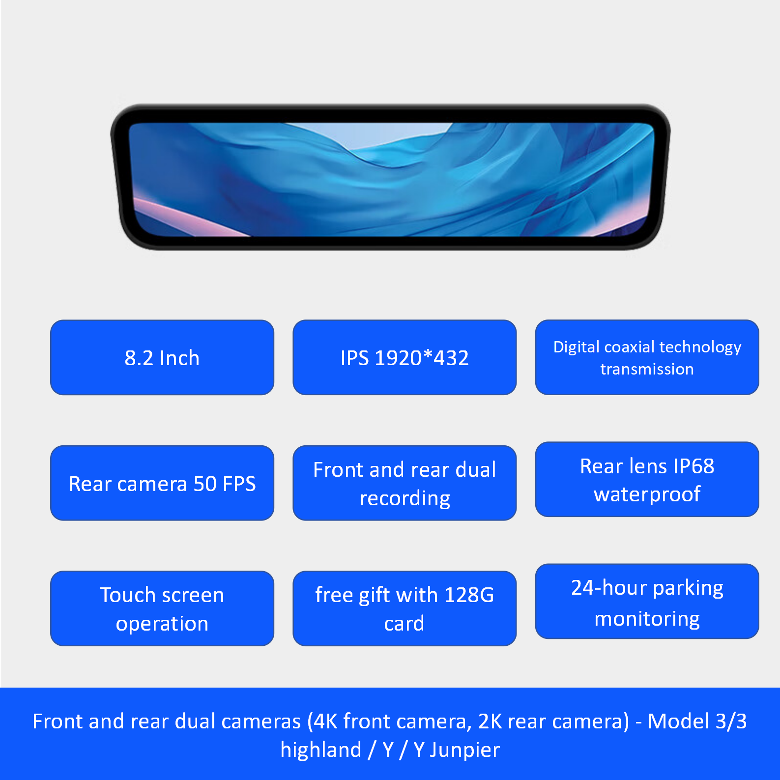 S82 Pro 2/4K HD 8.2Inch Streaming Rearview Mirror For Tesla Model 3/3 Highland/ Y / Y Juniper