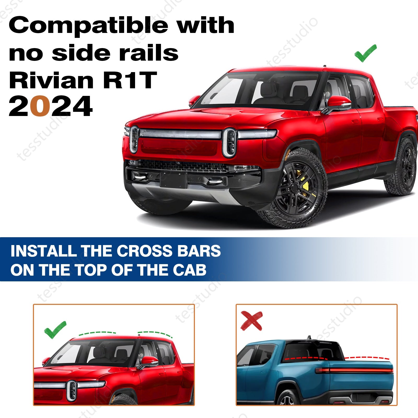 Rivian R1T Cargo Crossbars Lockable Roof Rack Black Rooftop Roof Rails Cross Bars Cargo Carrier Luggage Roof RailsTesstudio®