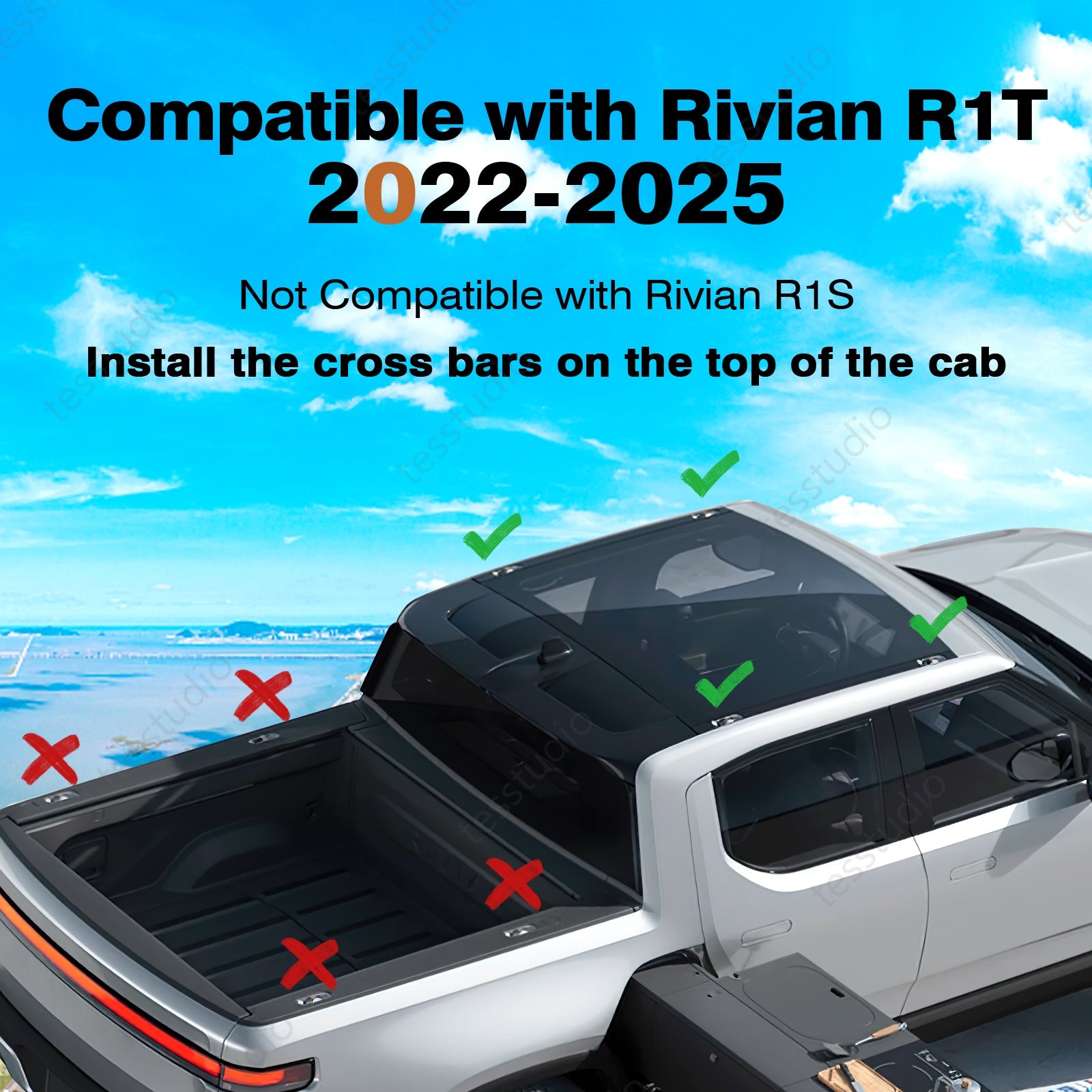 Rivian R1T Cargo Crossbars Lockable Roof Rack Black Rooftop Roof Rails Cross Bars Cargo Carrier Luggage Roof RailsTesstudio®