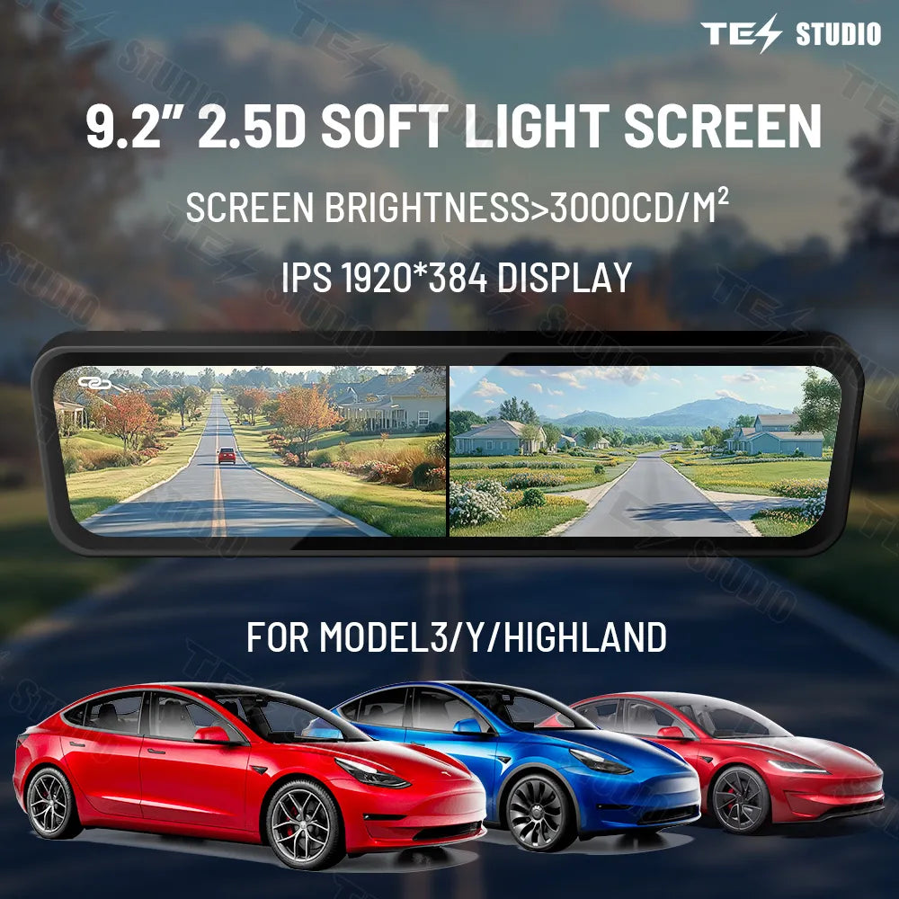 Tesstudio S92 Rearview Universal Fit for Model 3/Y/Highland 3 | 1080P HD DVR | Dual Way Video Recorder with WiFi | Anti Glare