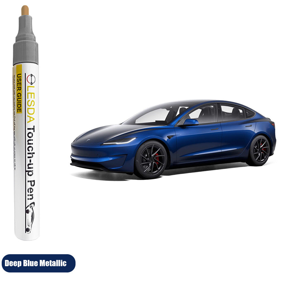 Blue car with a Lesda touch-up pen on a white background