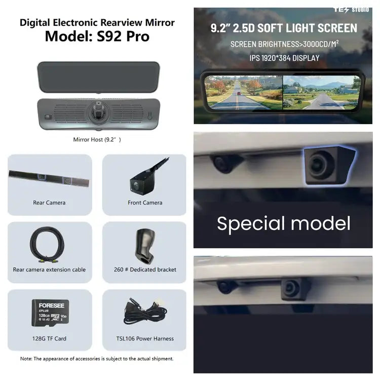 Special 4K S92 PRO Streaming Rearview Mirror with BSD Special For Model Y (2024) / 4K Front /2K Rear Cameras With 64GB Card