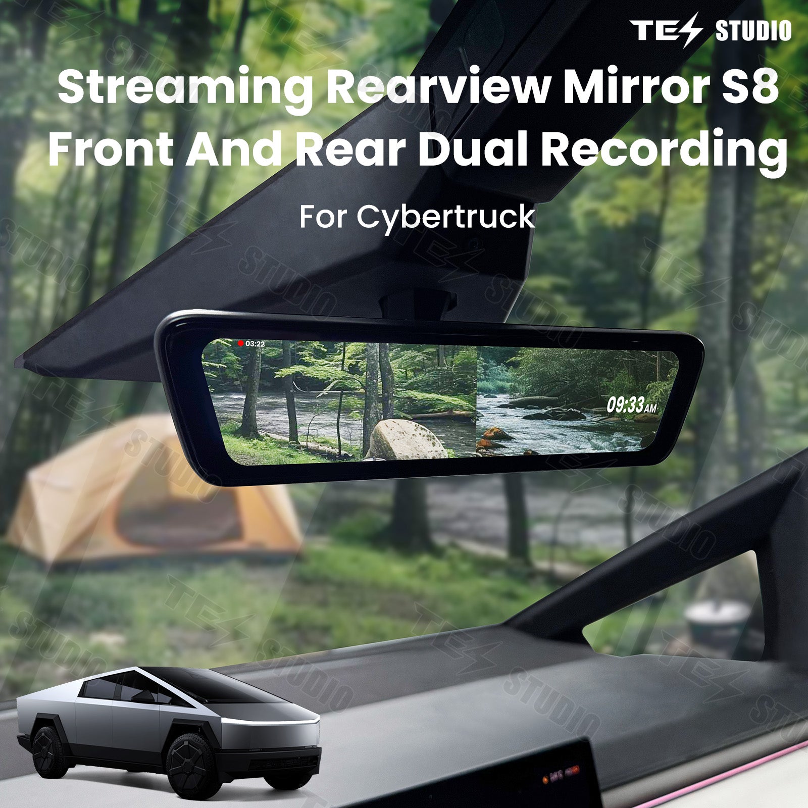 Tesla Cybertruck Streaming Rearview Mirror S8 Front And Rear Dual Recording Digital Interior Accessories Rear View Mirror Dash Cam Tesstudio®