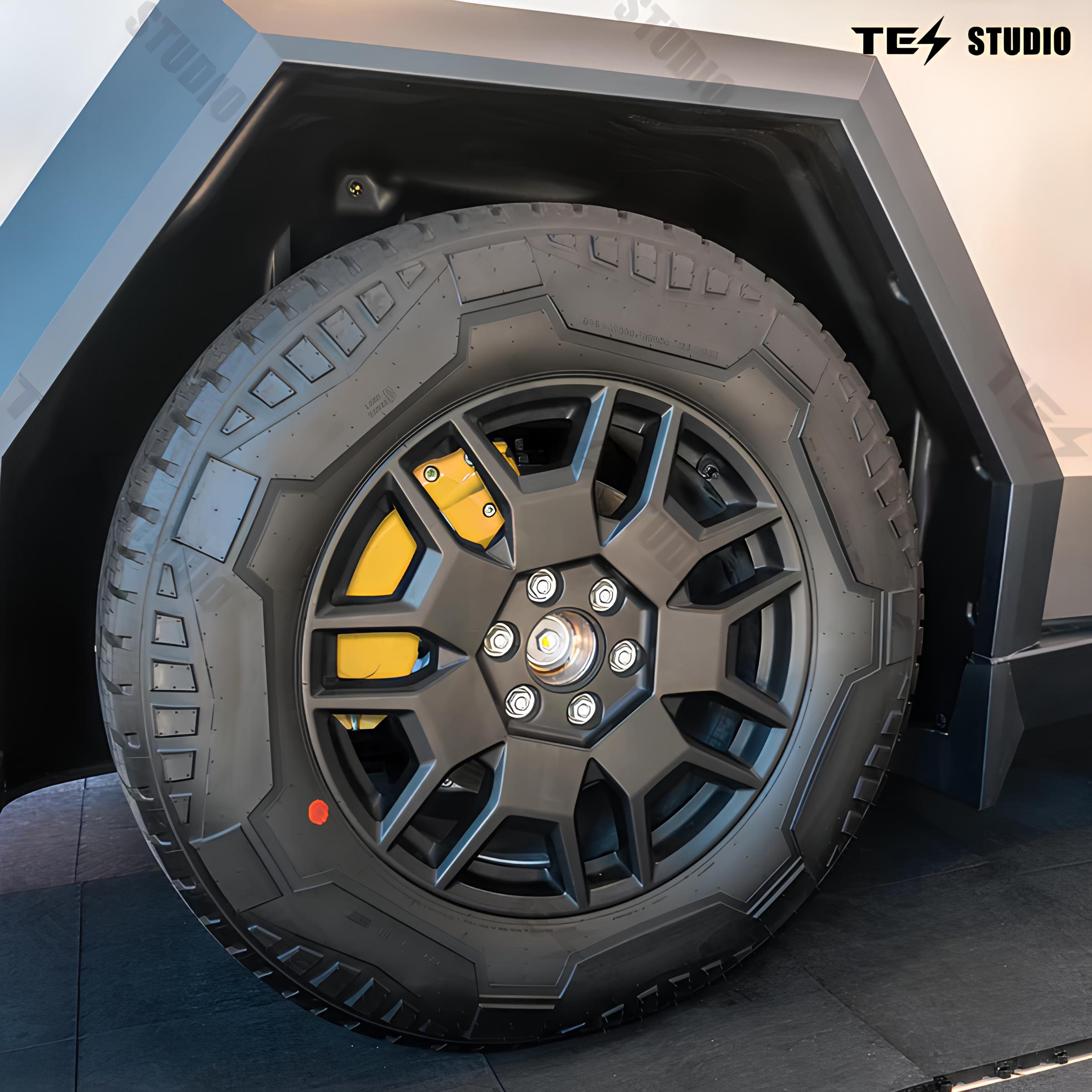 Tesla Cybertruck Caliper Cover — caliper cover installed behind wheel