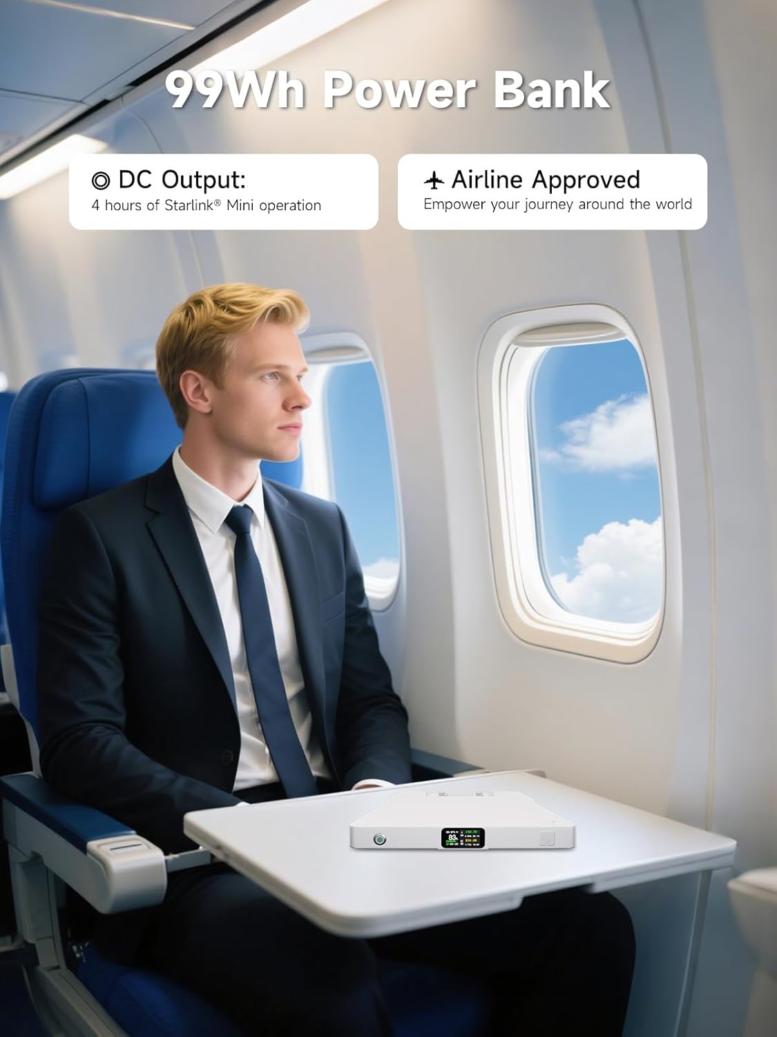 Tesstudio 99Wh Starlink Mini power bank shown airline-approved for in-flight travel use