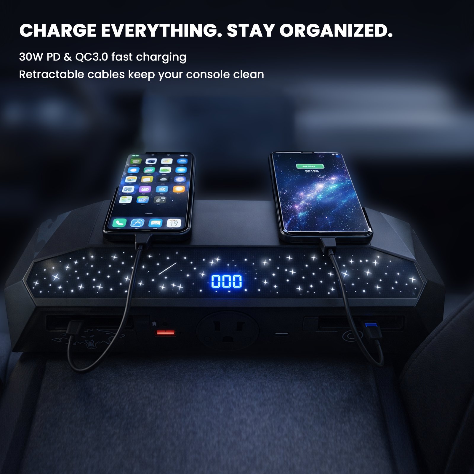 Tesstudio Multi-functional USB Charger Hub with Ambient Lighting & 110V Outlet for Tesla Cybertruck