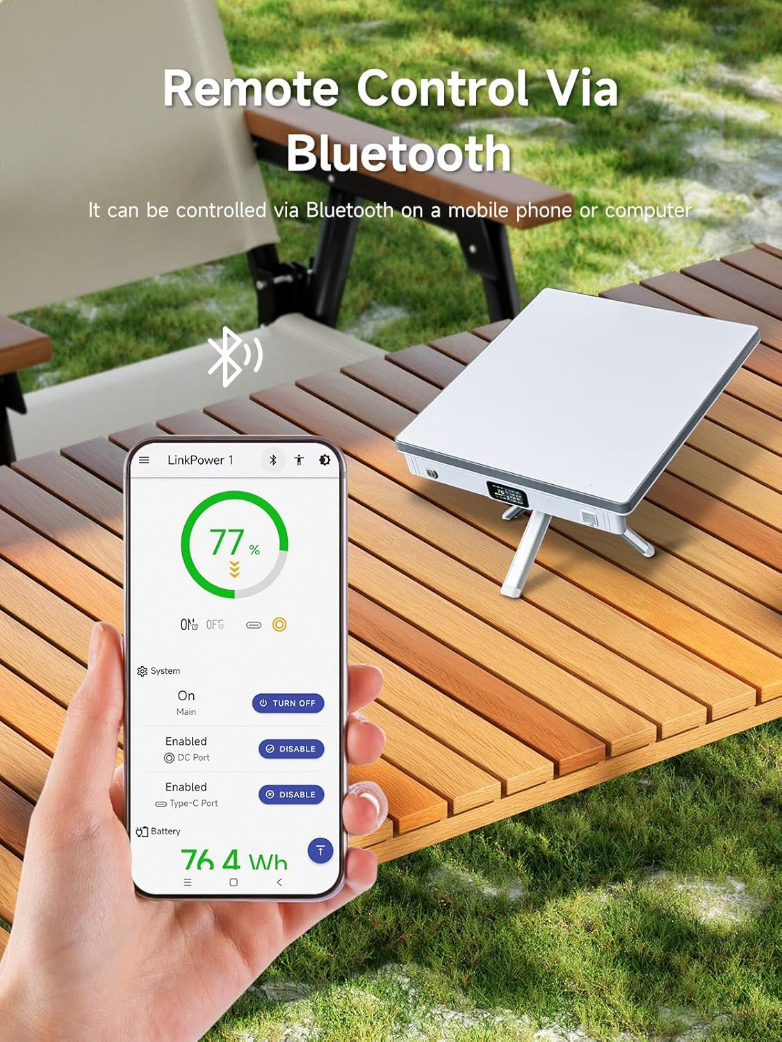 Tesstudio Starlink Mini power bank controlled via Bluetooth using a smartphone app outdoors