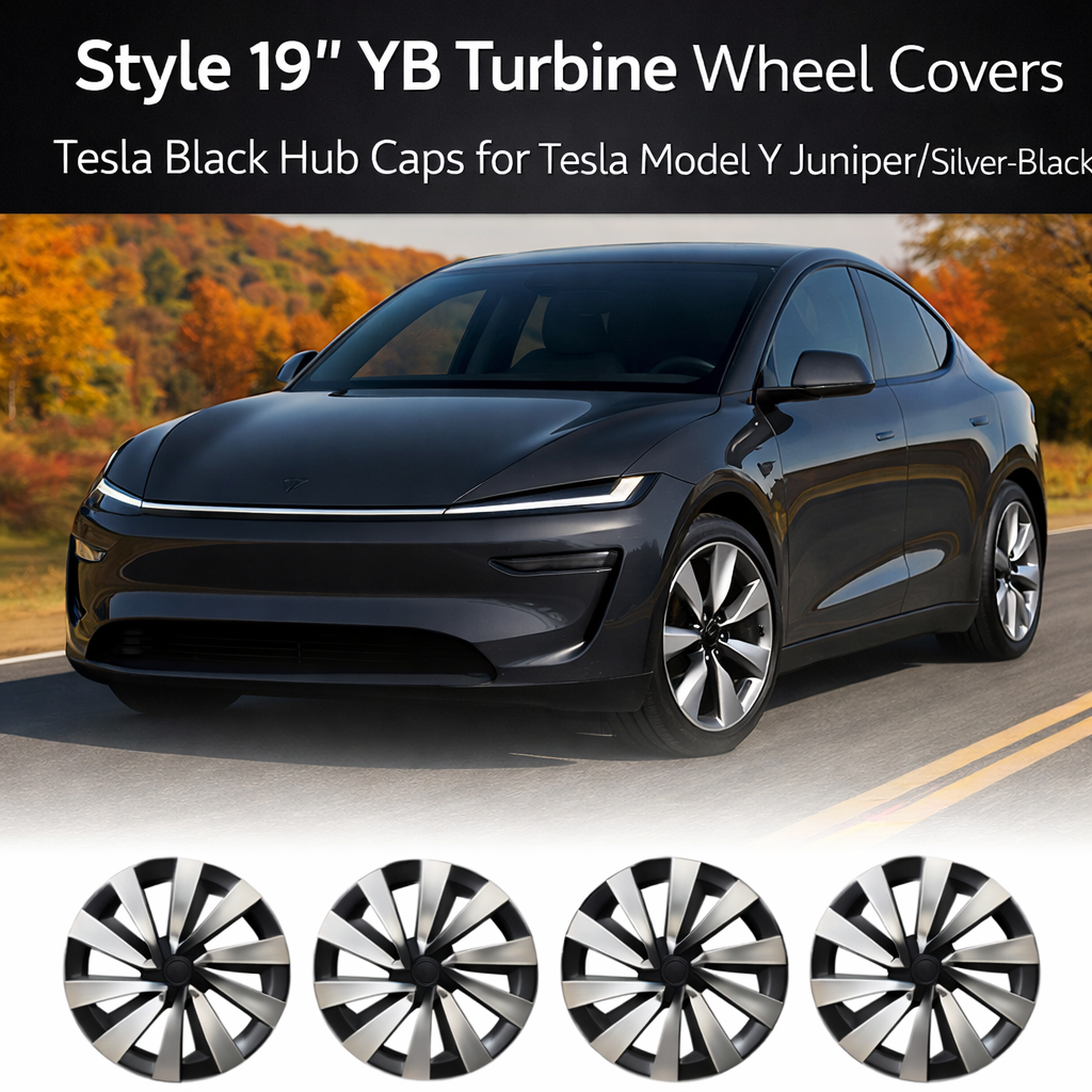 Tesstudio Style 19 inch YB Turbine Wheel Covers Tesla Black Hub Caps for Tesla Model Y Juniper Silver-Black
