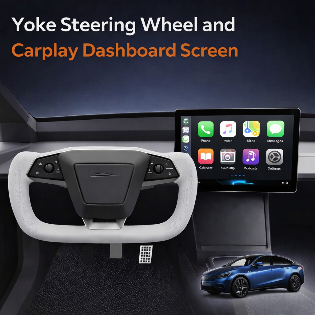 Tesstudio Yoke Steering Wheel and Carplay Dashboard Screen Combo for Tesla Cybertruck