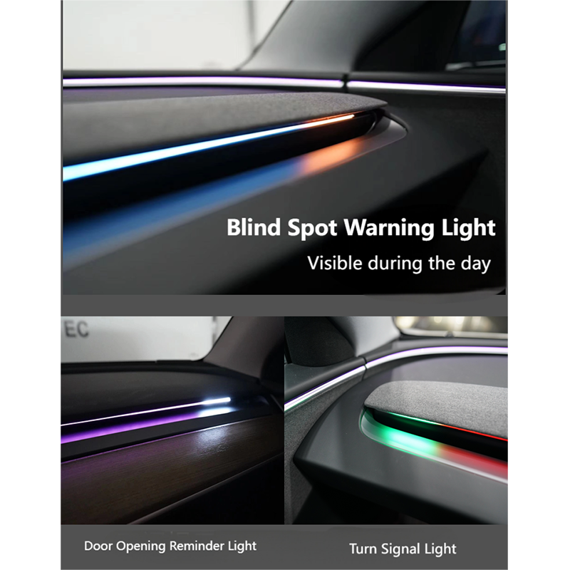 Tesstudio interior ambient lighting with integrated blind spot warning, door opening reminder, and turn signal functions for Tesla