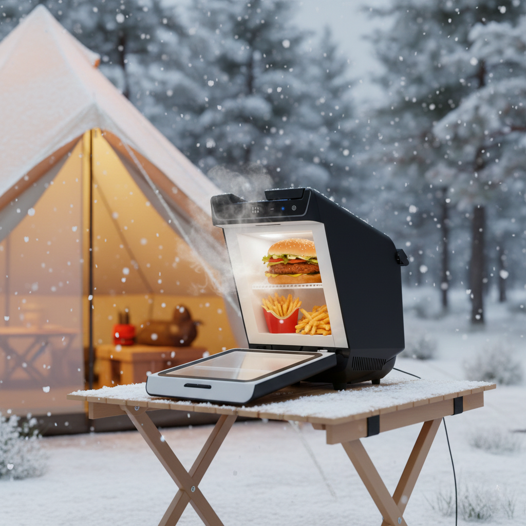 Tesstudio portable Model Y Juniper 4L car warmer refrigerator, winter camping scene. Ideal for family road trips