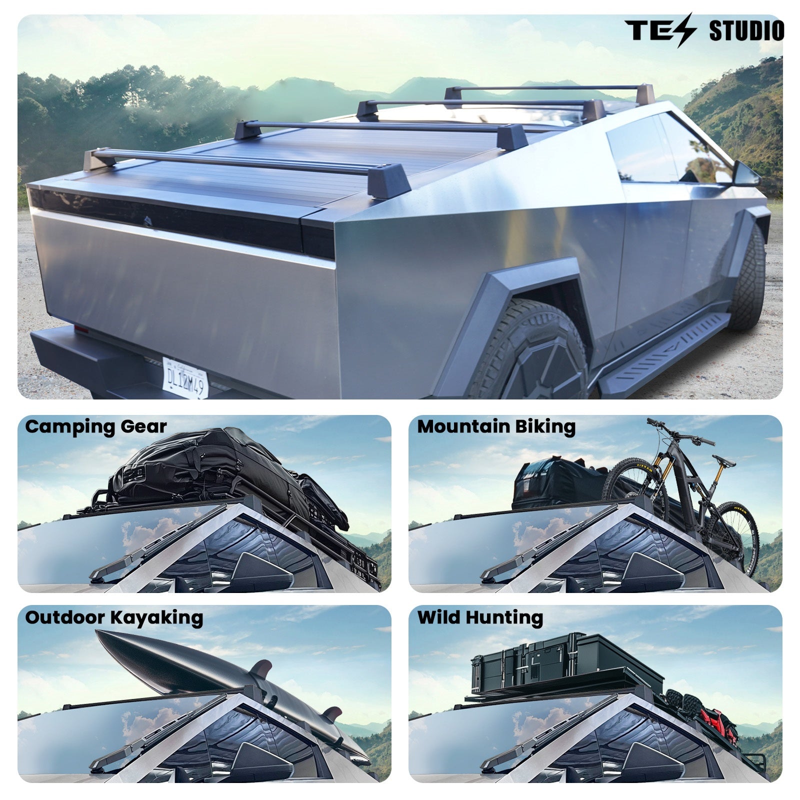 Tesla Cybertruck Accessories Crossbar Roof Rack Rooftop Off-Road Cross Bar Cargo Rack Rails Carrier Tesstudio®