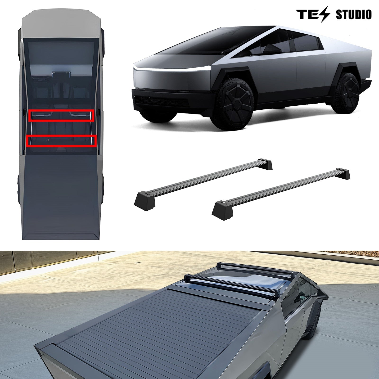 Tesla Cybertruck Accessories Crossbar Roof Rack Rooftop Off-Road Cross Bar Cargo Rack Rails Carrier Tesstudio®