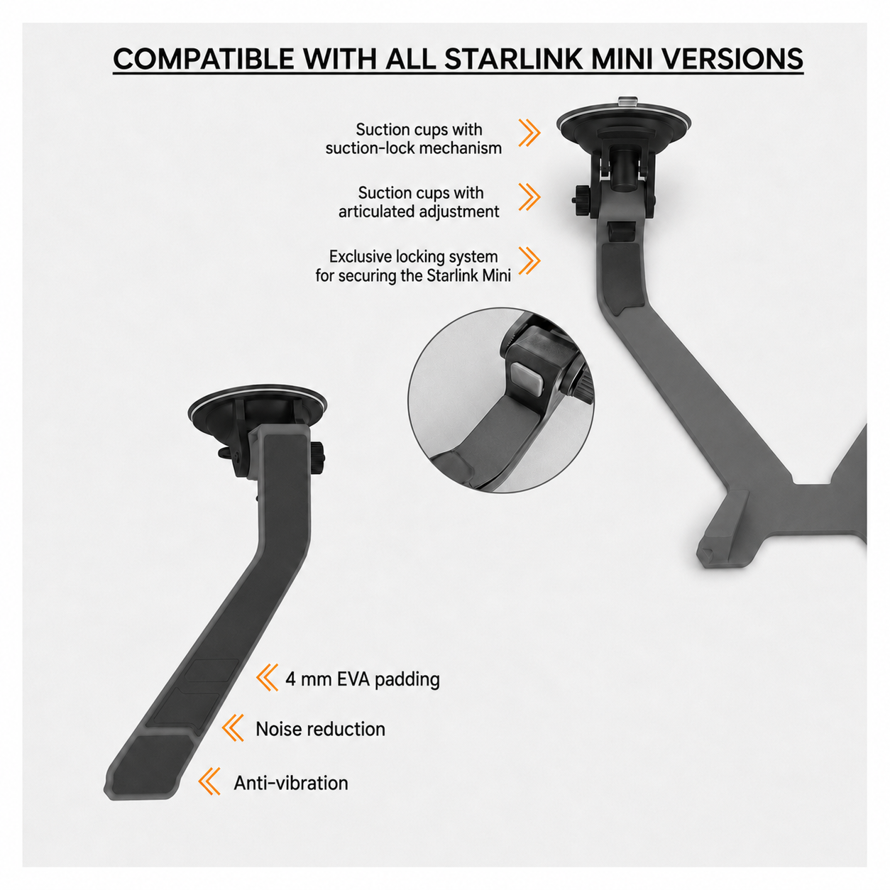 Starlink Mini suction mount with suction-lock cups, adjustable joints and 4mm EVA anti-vibration padding