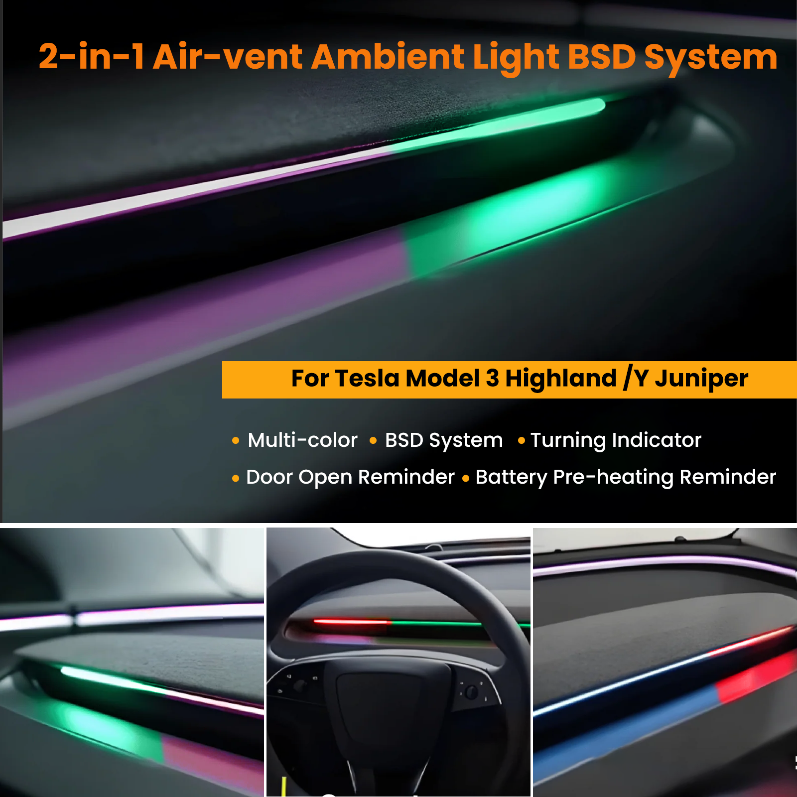 2025 2026 BSD 2.0 Blind Spot Warning System For Tesla Model 3 Highland / Y Juniper /Cybertruck Ambient Lighting