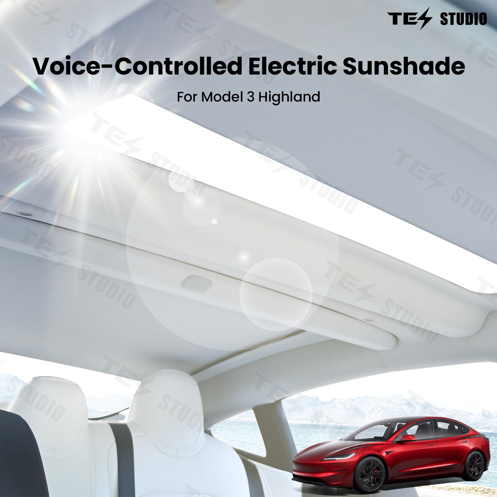 Voice-controlled electric roof sunshade for Tesla Model 3