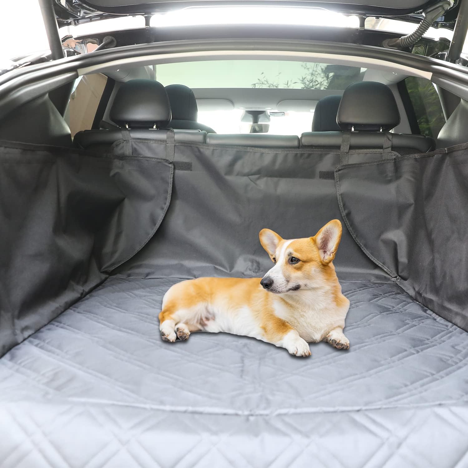 Waterproof rear cargo liner with a dog in a Tesla Model Y