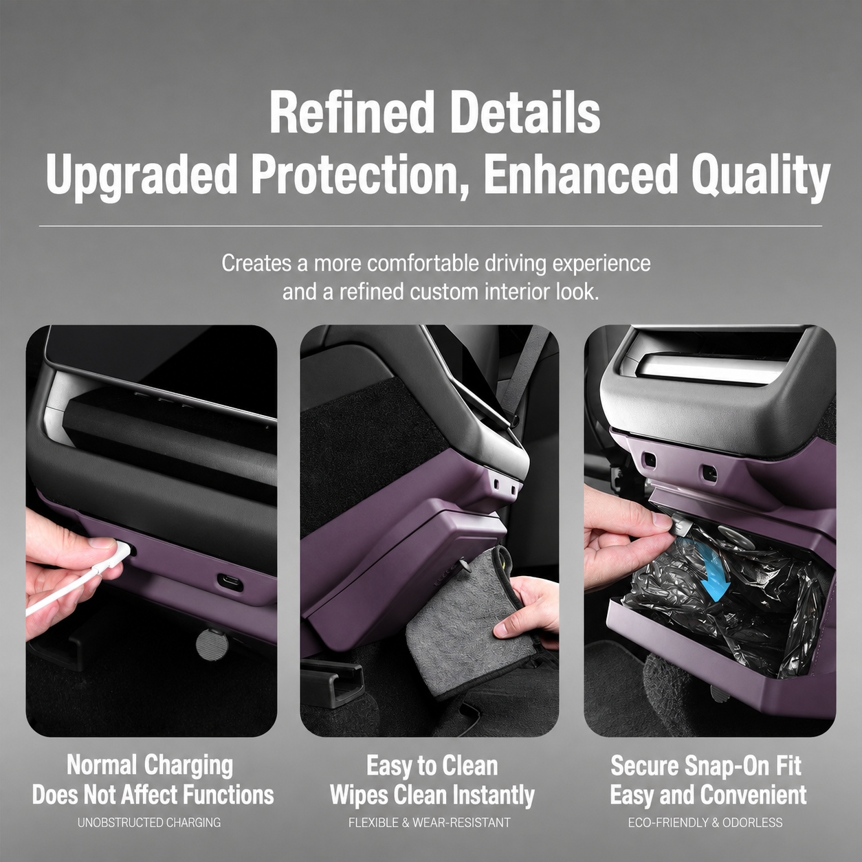 Tesla rear console trash bin feature overview with cleaning and charging access