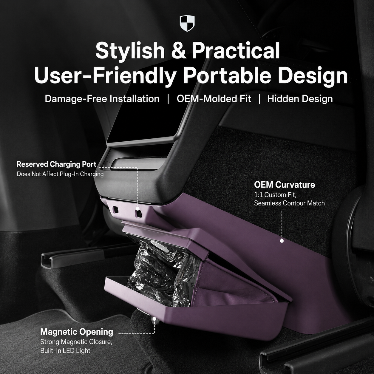 Magnetic lid, LED light and charging cutouts on Tesla rear seat trash bin