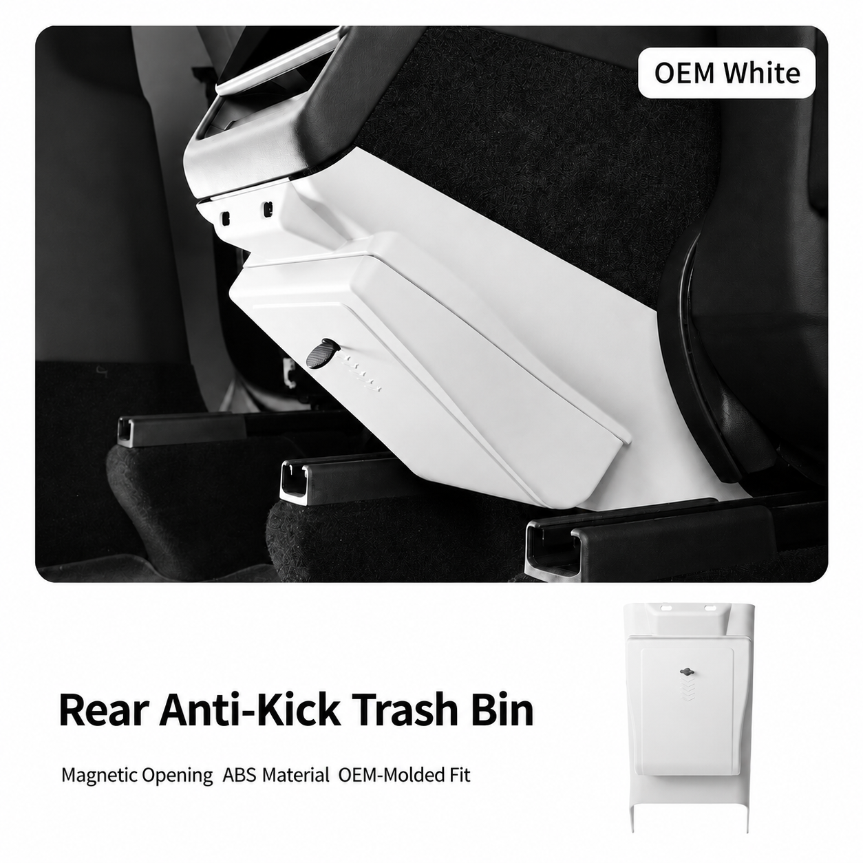 White rear seat trash bin installed behind Tesla center console