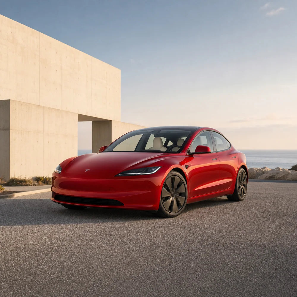 Red Tesla Model 3 by a modern coastal building