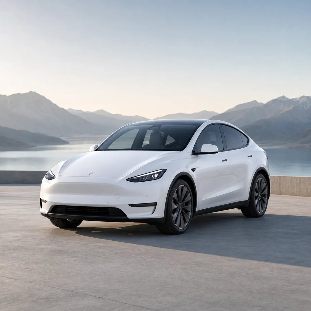 Tesla Model Y in a mountain landscape