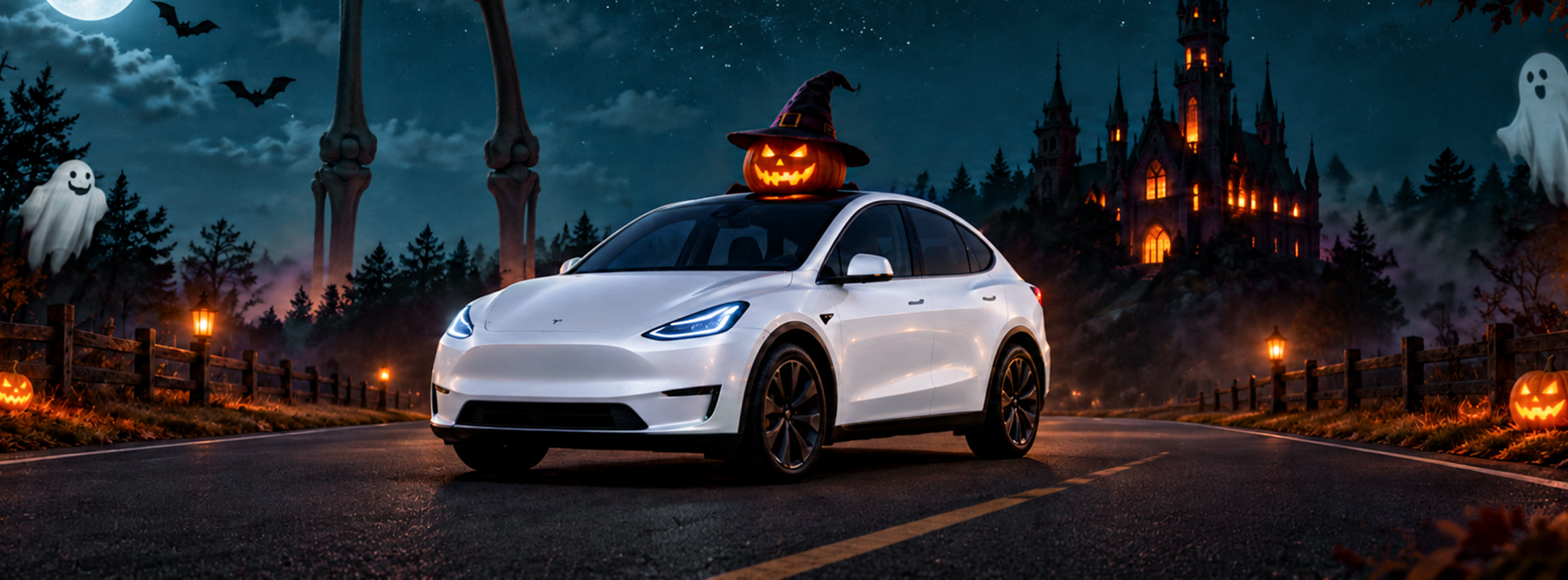 A white Tesla with a glowing Halloween pumpkin in front of a moonlit castle