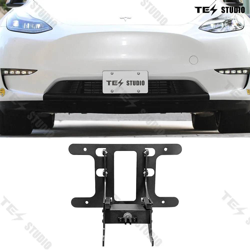 Tesla Model 3 front bumper with installed T2 knob-lock license plate frame
