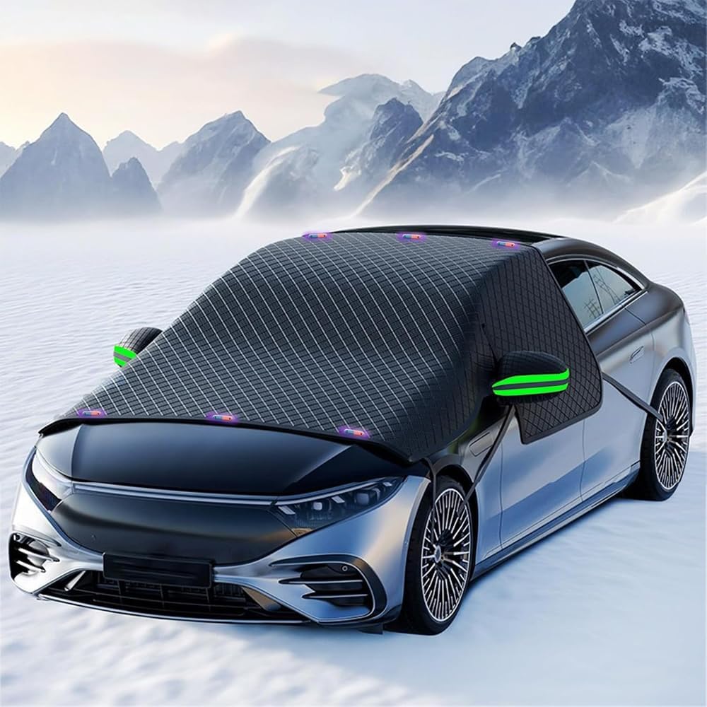Magnetic windshield snow cover installed for Tesla winter visibility and snow removal preparation