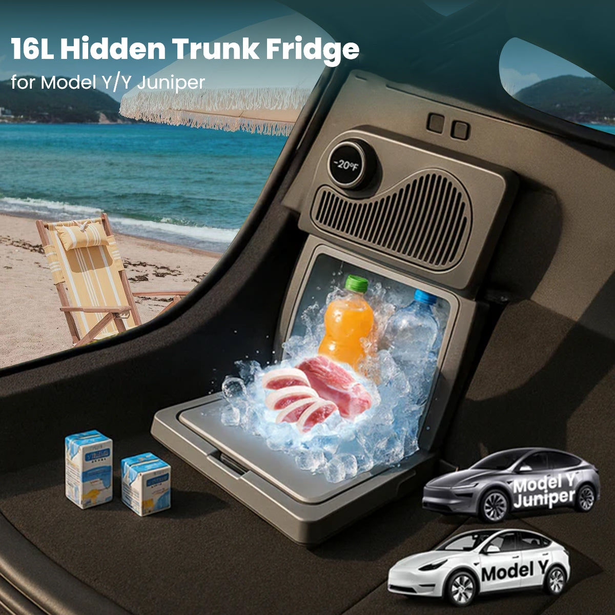Model Y Juniper hidden trunk fridge for summer road trips