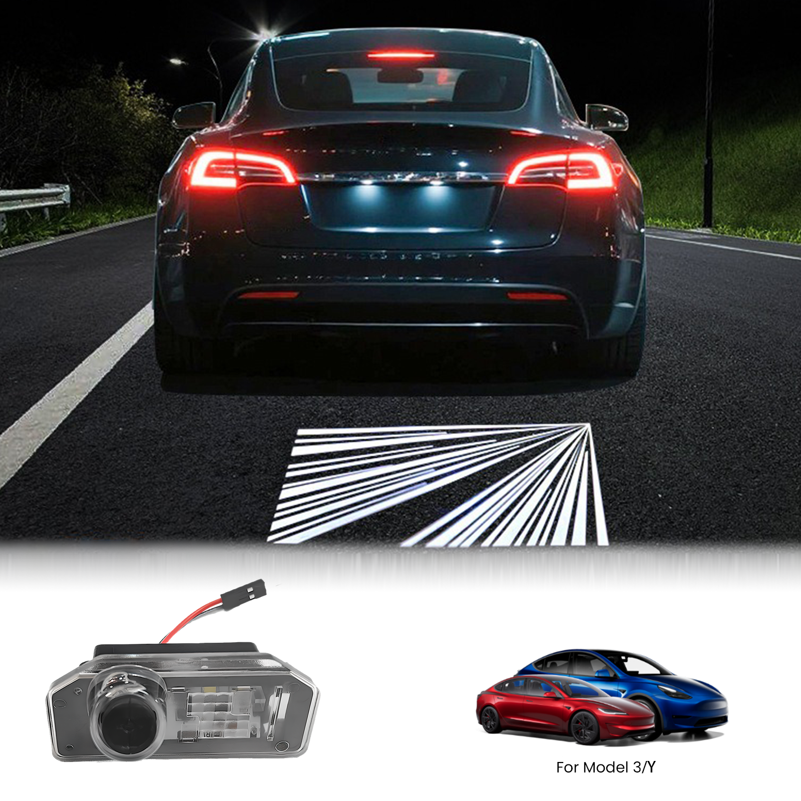 Tesla Model 3 and Model Y rear license plate projection LED light showing the Moonwalking pattern