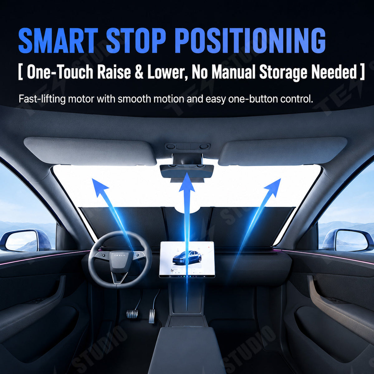 Automatic windshield sunshade for reducing direct sun exposure in a parked Tesla